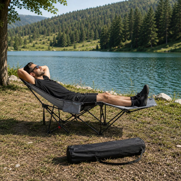 Chaise Longue Pliante de Camping avec Repose-Pieds – Fauteuil Relax Inclinable Portable pour Camping, Jardin, Terrasse, Pêche & Plage