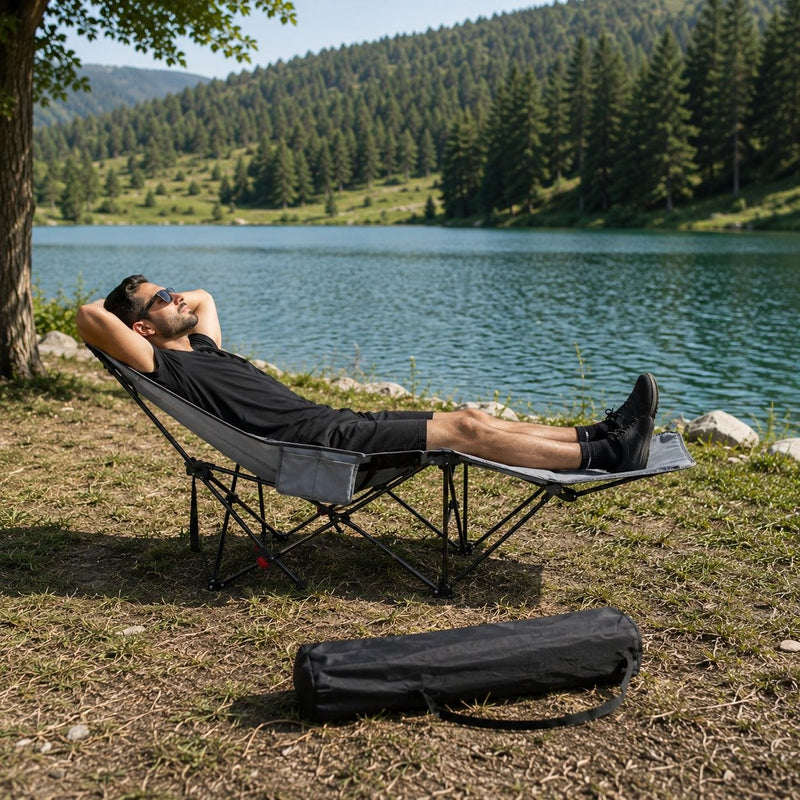 Chaise Longue Pliante de Camping avec Repose-Pieds – Fauteuil Relax Inclinable Portable pour Camping, Jardin, Terrasse, Pêche & Plage